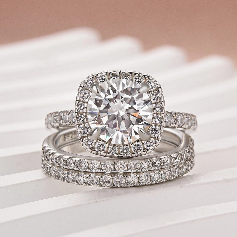 Moissanite 2.0 Ct Halo Round Cut White Gold Promise Ring with Full Eternity Thin Wedding Band Timeless Impression Stylish Flow