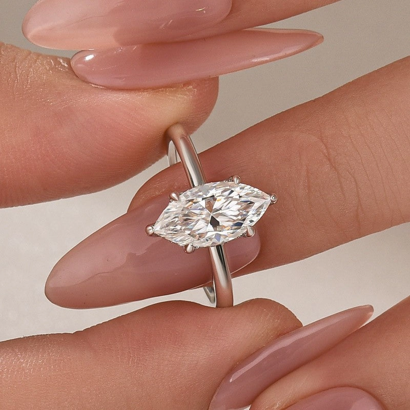 Occasion Style Shimmering Touch Moissanite 2.0 Ct Marquise Cut Solitaire White Gold Promise Ring For Women