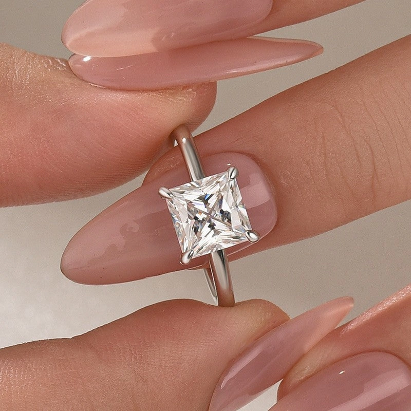 Bold Lines Unique Accent Moissanite 2.0 Ct Princess Cut Solitaire White Gold Promise Ring For Women