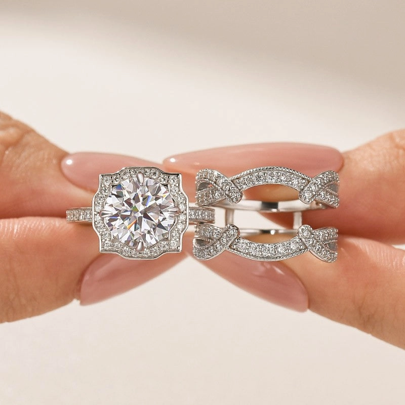 Moissanite 3.0Ct Halo Round Cut White Gold Stack Wedding Ring with Enhancer Wedding Band Artisan Finish