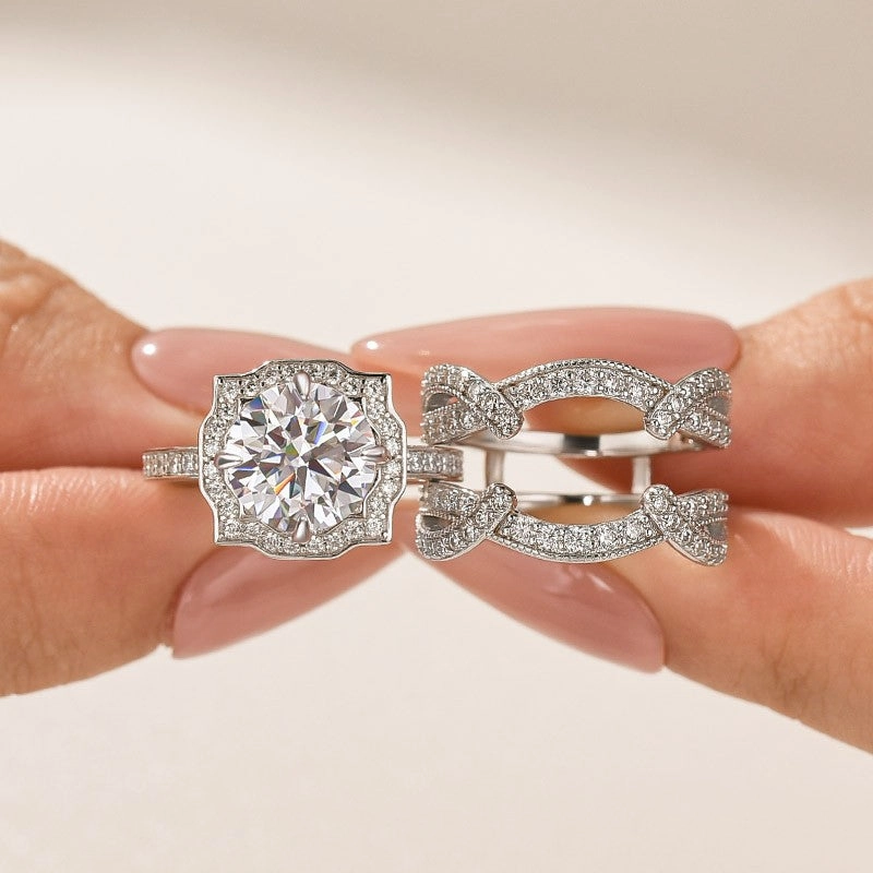 Glam Night Look Moissanite 3.0Ct Halo Round Cut White Gold Stack Wedding Ring with Enhancer Wedding Band