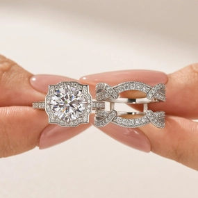 Bold Highlight Gift For All Moissanite 3.0Ct Halo Round Cut White Gold Stack Wedding Ring with Enhancer Wedding Band