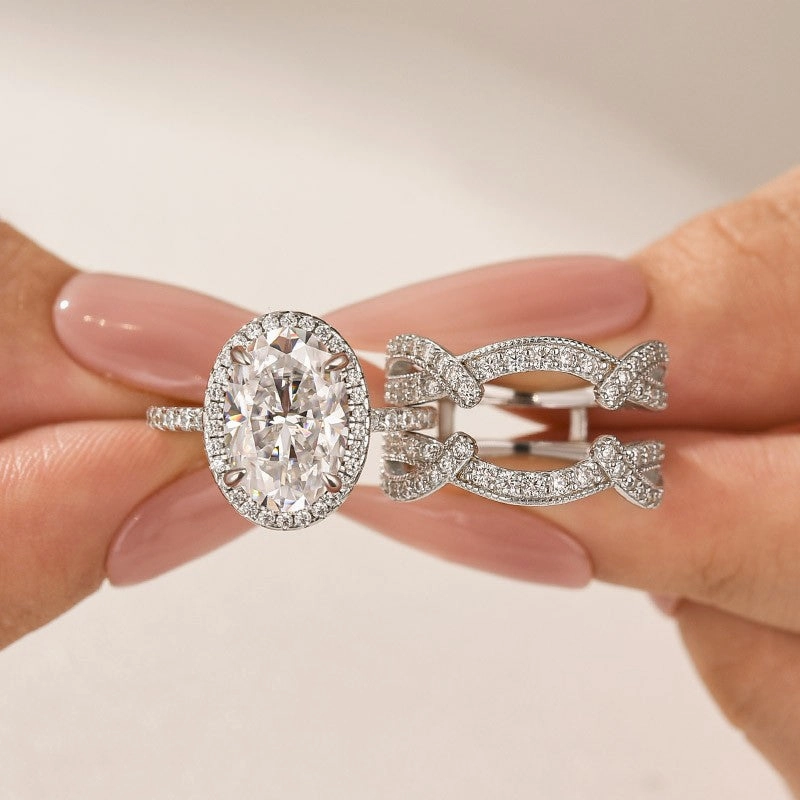 Moissanite 4.0Ct Halo Oval Cut White Gold Stack Wedding Ring with Enhancer Wedding Band Neutral Glow