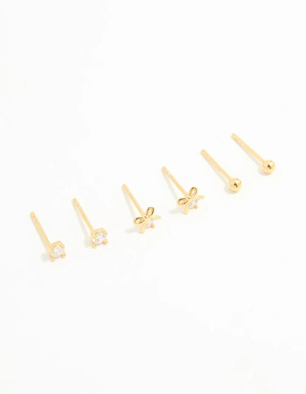 Minimal Sparkle High Class Gold Plated Sterling Silver Bow & Sleek Earrings 3-Pack