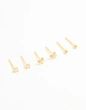 Minimal Sparkle High Class Gold Plated Sterling Silver Bow & Sleek Earrings 3-Pack