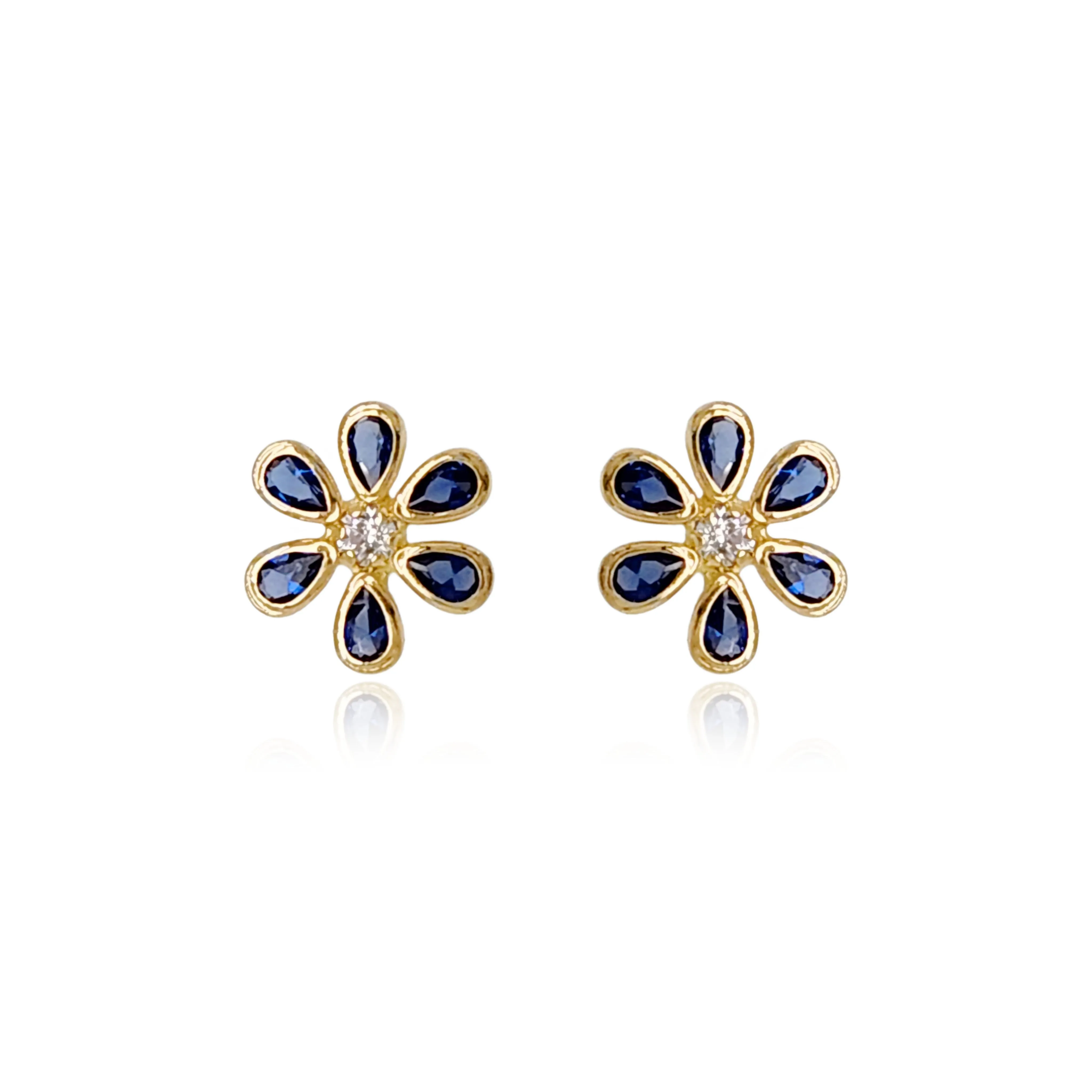 14k Gold Sapphire CZ Flower Stud Earrings Classic Item