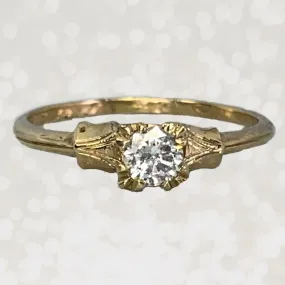 1940s Diamond Engagement Ring set in 14K Yellow Gold. April Birthstone. 10 Year Anniversary Sparkling Embellishment