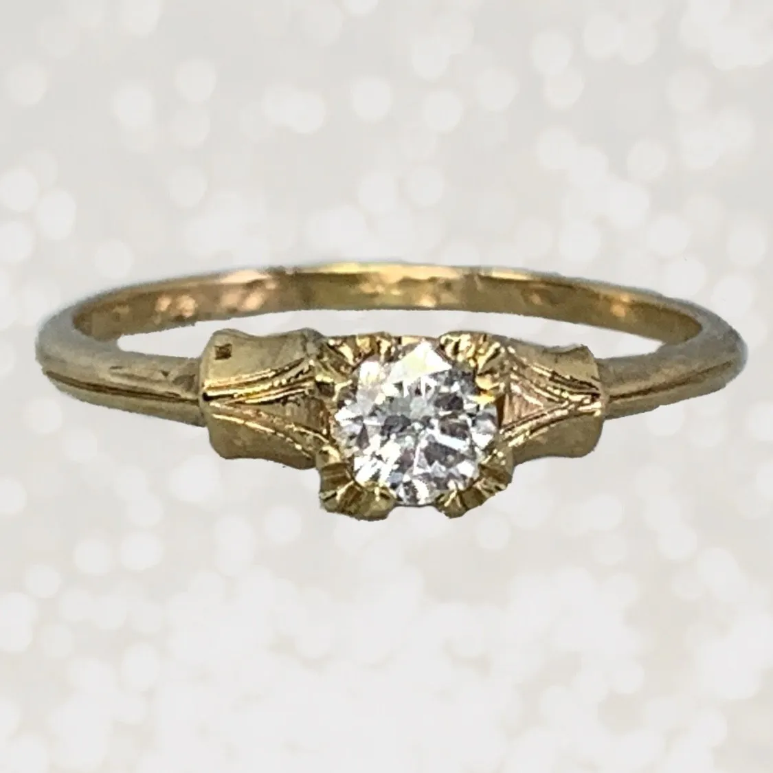 Creative Adornment 1940s Diamond Engagement Ring set in 14K Yellow Gold. April Birthstone. 10 Year Anniversary