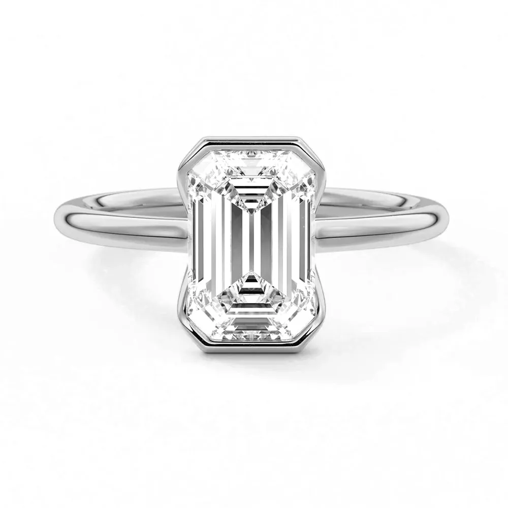 Half Bezel Moissanite Emerald Cut Engagement Ring Eco Friendly Bold Work
