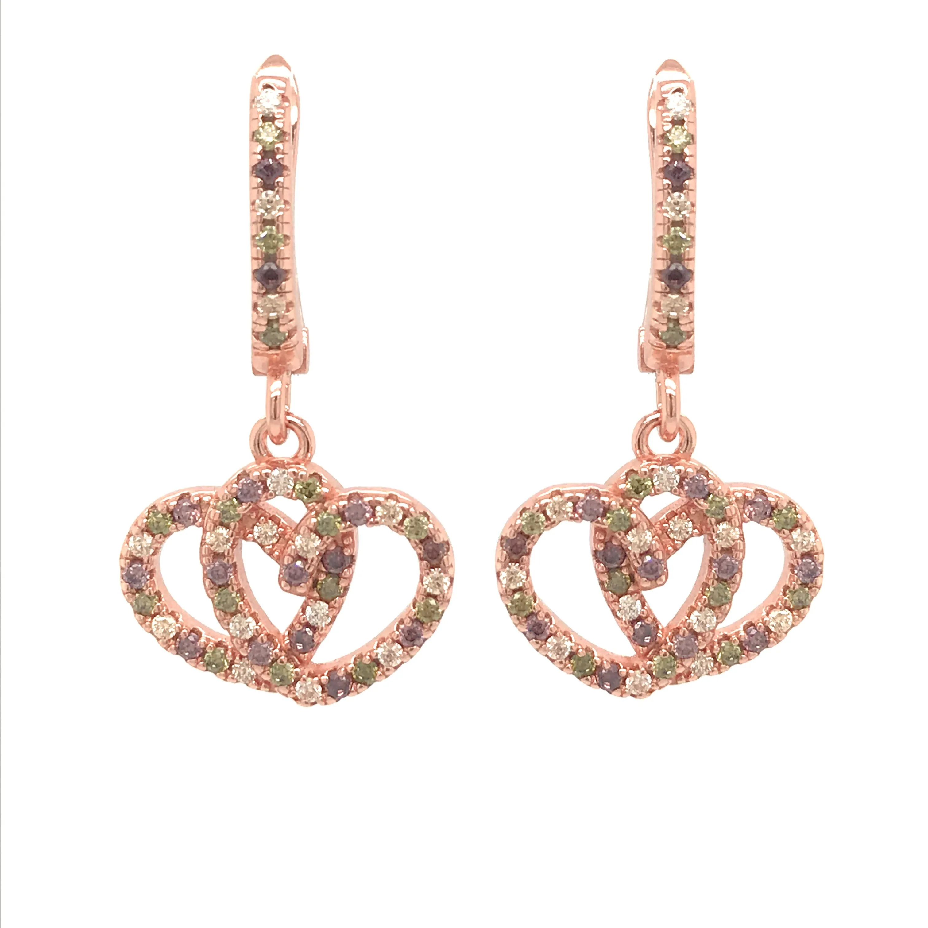 Safe Feature Rose Gold Plated Sterling Silver Earrings with Hanging Interlocked Double Micropave Hearts