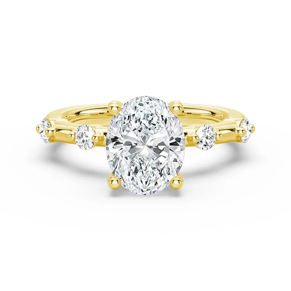 Oval Cut Moissanite Ring with Diamond Spaced Band and Hidden Halo Unique Embellishment