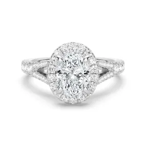 Lustrous Detail Oval Cut Split Shank Moissanite Halo Engagement Ring