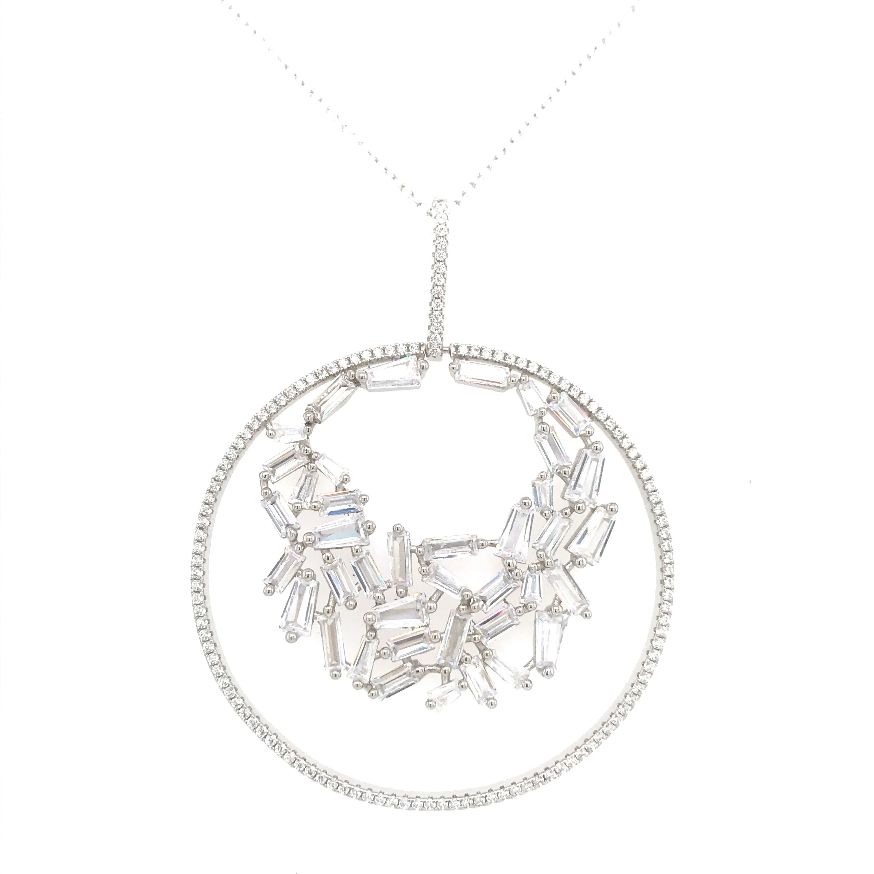 Rhodium Plated Sterling Silver Circle With Baguettes Pendant Necklace Date Night Accessory