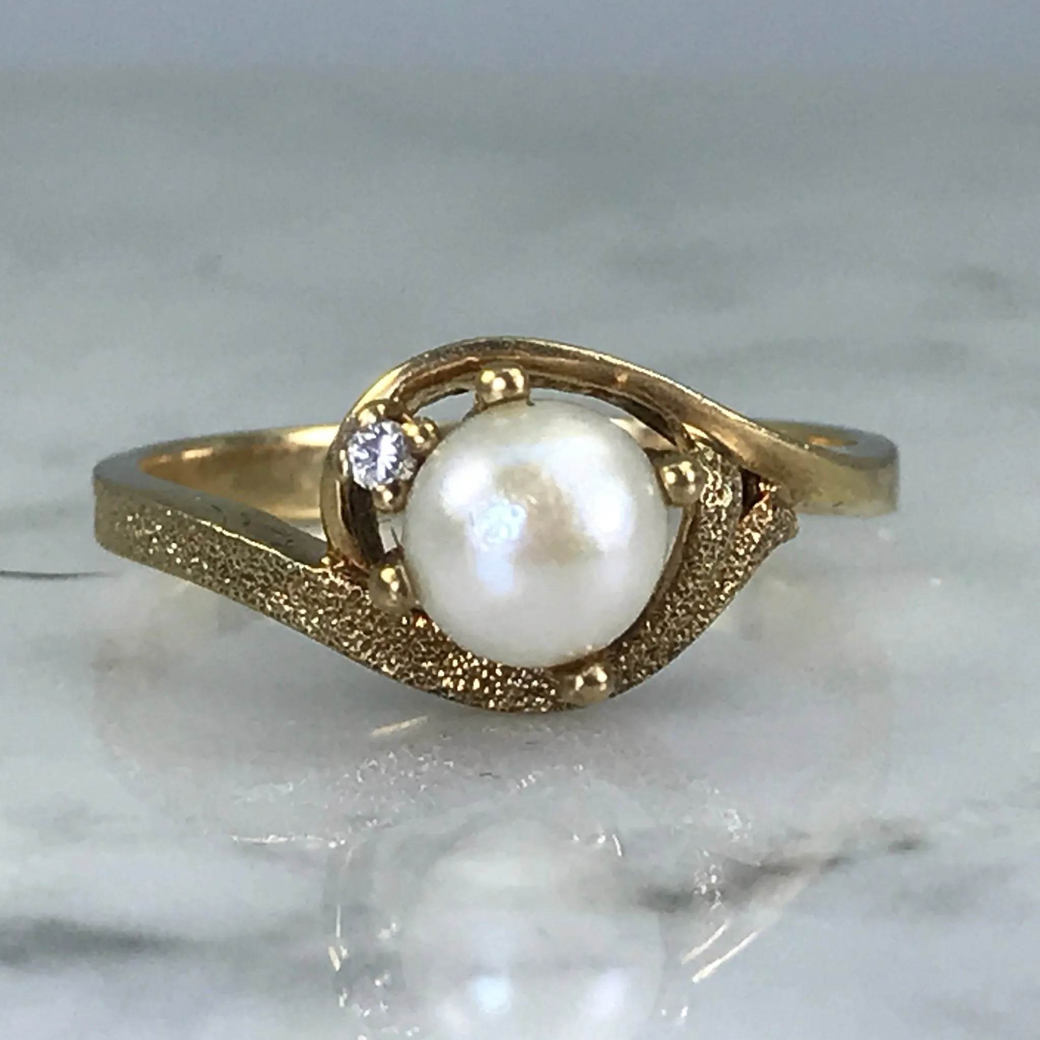 Pearl Diamond Engagement Ring. 10k Brushed Gold. June Birthstone. 4th Anniversary Gift. Non Stretch