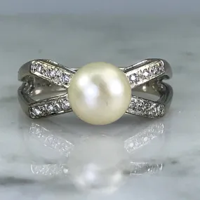 Pearl Diamond Engagement Ring. Bow Style. 14k White Gold. June Birthstone. 4th Anniversary Gift. Unique Symbol Affordable Object