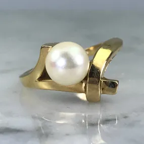Pearl Engagement Ring. 14k Yellow Gold. Bamboo Style. June Birthstone. 4th Anniversary Gift. Unique Adornment