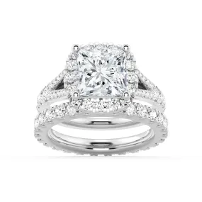 Princess Cut Split Shank Halo Moissanite Ring Set with Matching Wedding Band Brilliant Style Hand Finished