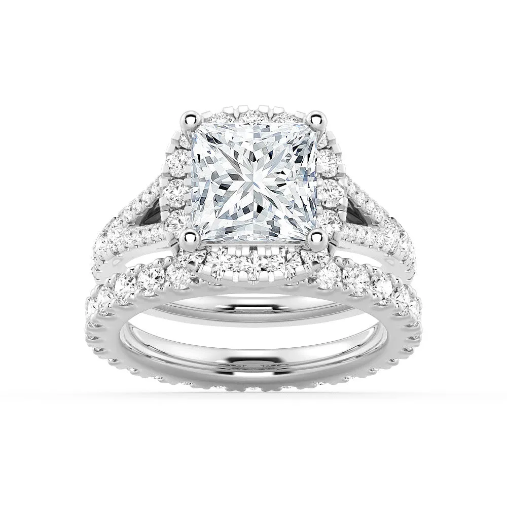 Ready For Gifting Princess Cut Split Shank Halo Moissanite Ring Set with Matching Wedding Band