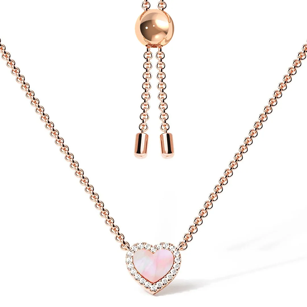 Pink Mother of Pearl & Moissanite Heart Pendant Necklace Glam Light