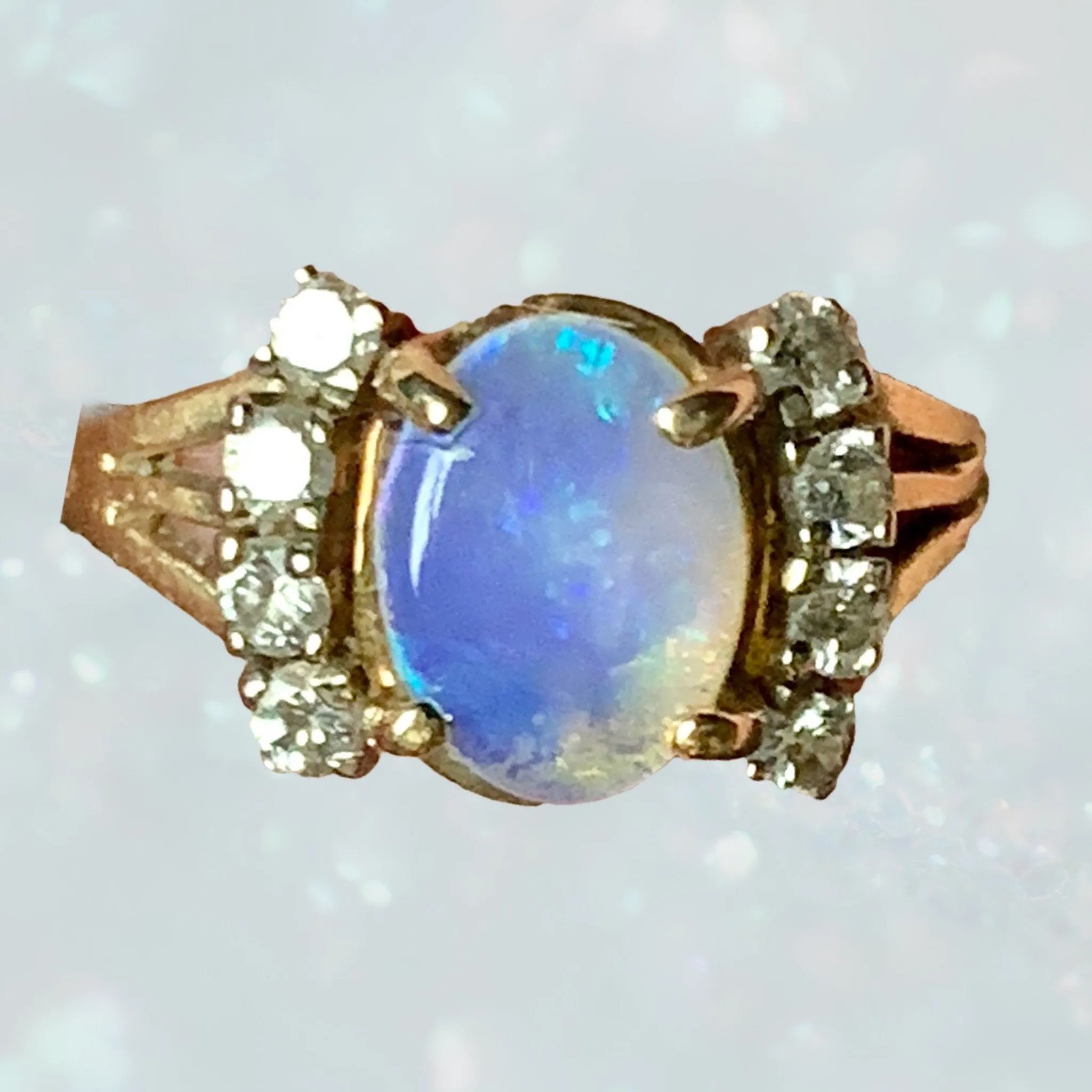1940s Opal and Diamond Engagement Ring set in 14K Yellow Gold. October Birthstone. Trend Adoption
