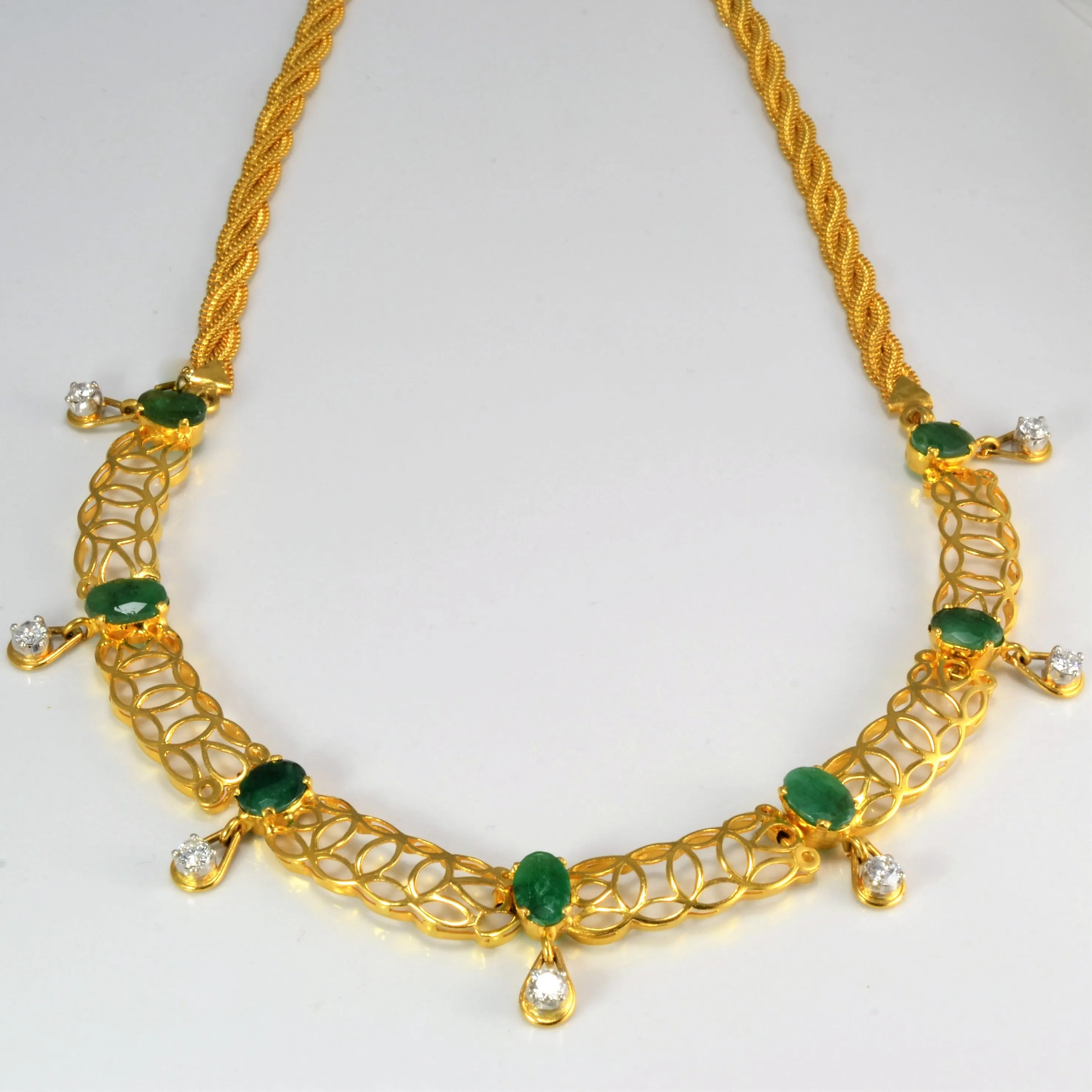 Modern Glow Vibrant Jewelry Shine Finish Emerald & Diamond Filigree Necklace | 0.85ctw, 7.00ctw | 16''|