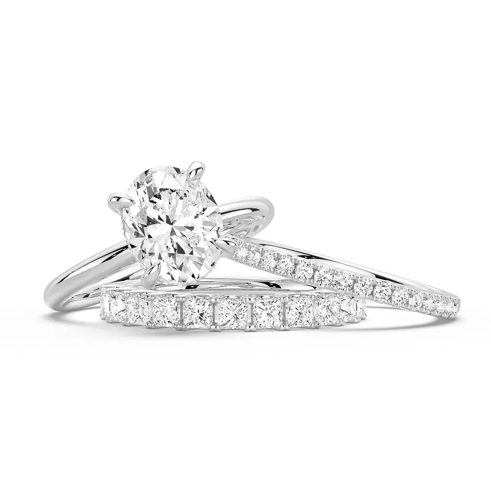 Nighttime Gift Oval Solitaire Hidden Halo Moissanite Ring Set with Matching Stacking Band