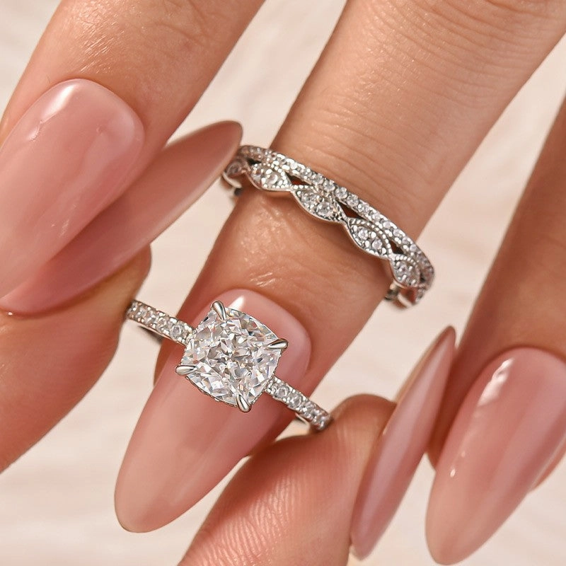 2.0 Carat Cushion Cut Women's Engagement Ring With Eternity Wedding Band Stylish Form Luxury Touch