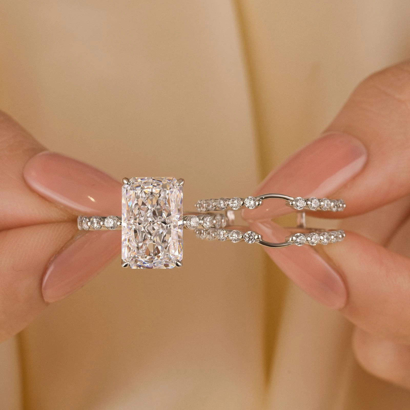 Classic Presence 5.0Ct Radiant Cut Insert Wedding Ring Set With Jacket Wedding Band