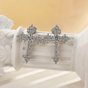 Dazzling Sparkle Simulated Diamond Cross Stud Earrings In Sterling Silver