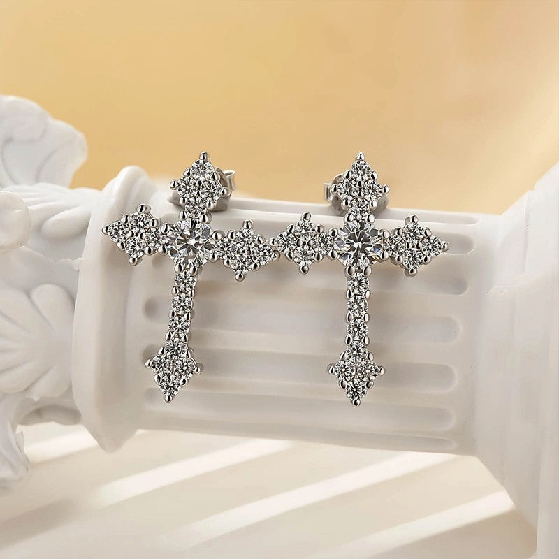 Dazzling Sparkle Simulated Diamond Cross Stud Earrings In Sterling Silver