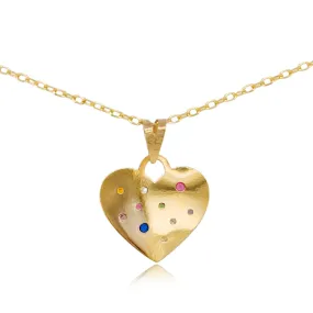 14k Gold Multicolor CZ Heart Pendant Necklace Braided Jewelry Holiday look