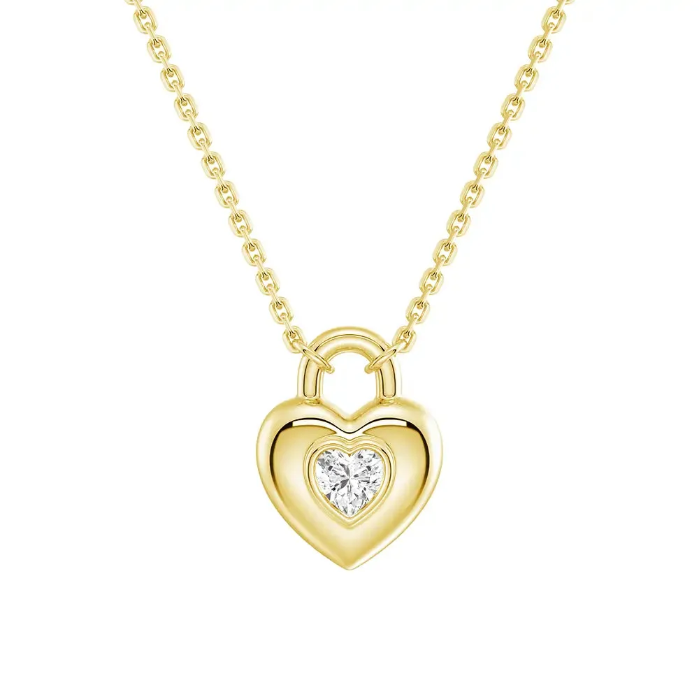 Vintage Mood Love Lock Heart Solitaire Moissanite Pendant Necklace