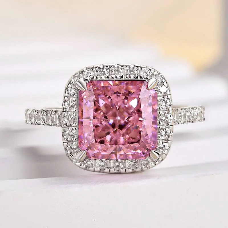 Louily Lovely Halo Radiant Cut Pink Stone Engagement Ring Structured Accent Exquisite Detailing