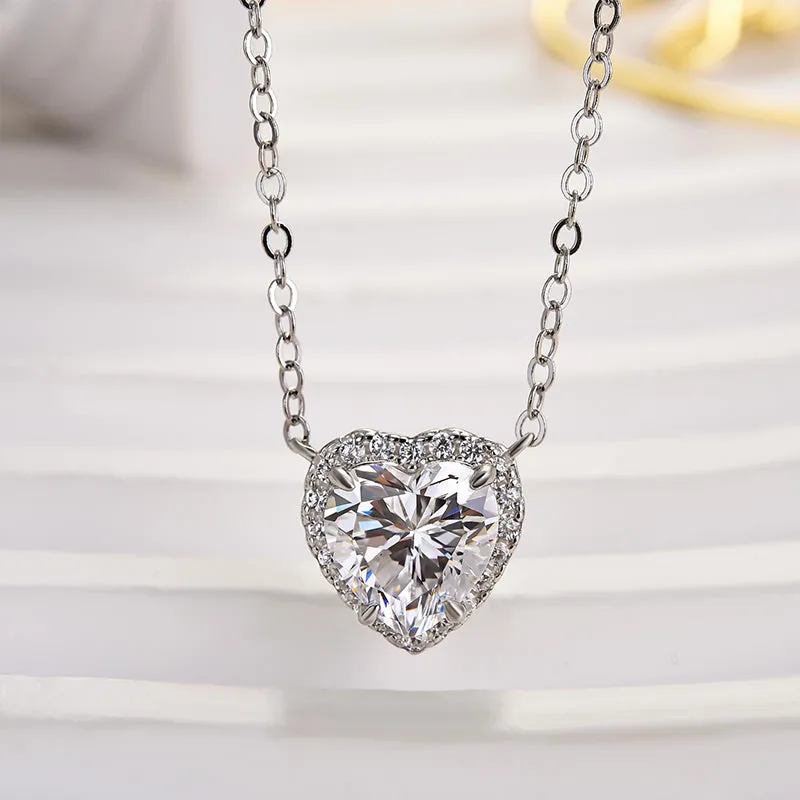 Louily Elegant Halo Heart Cut Necklace For Women In Sterling Silver Polished Highlights True Touch