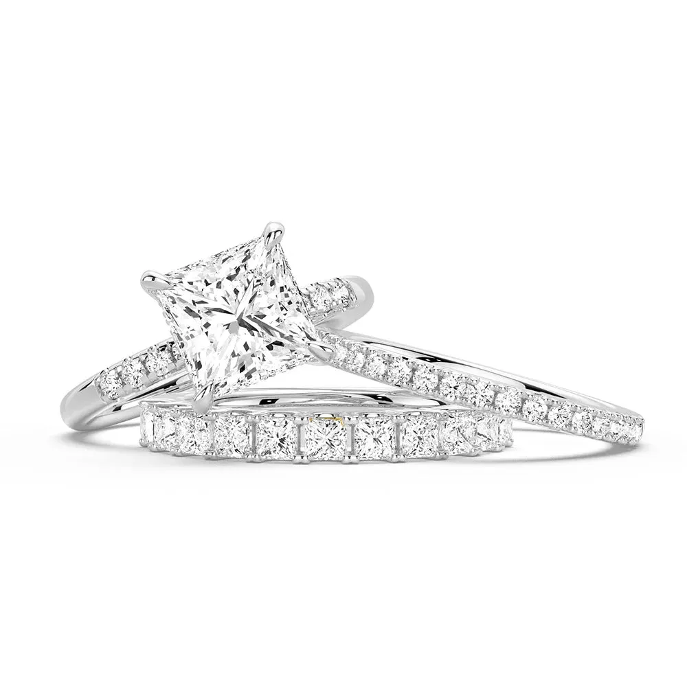 Princess Cut Hidden Halo Moissanite Ring Set with Matching Stacking Band Wonderful Article