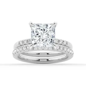 Secure Adornment Elegant Statement Princess Cut Hidden Halo Moissanite Ring Set with Matching Wedding Band