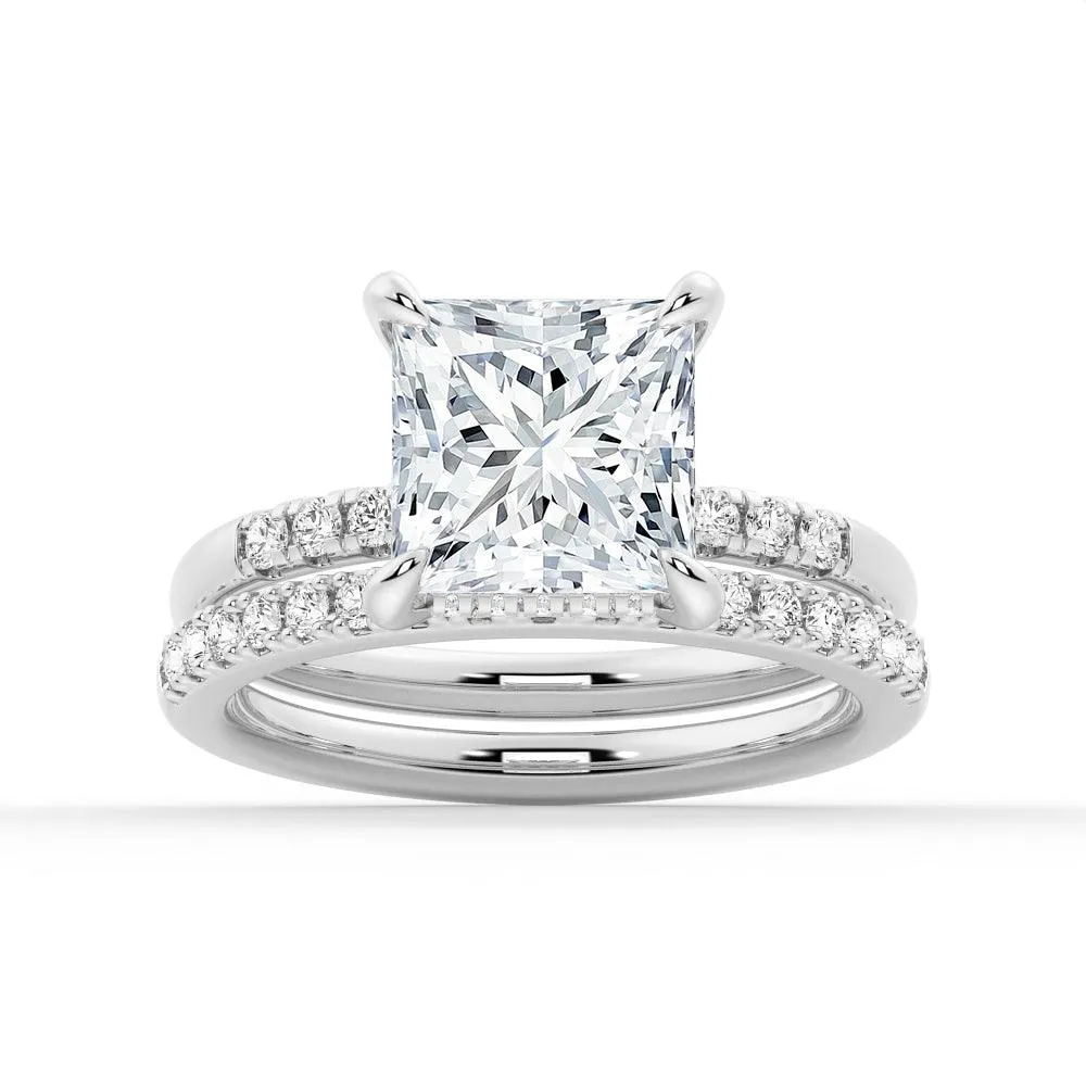 Winter Gift Elegant Simplicity Princess Cut Hidden Halo Moissanite Ring Set with Matching Wedding Band