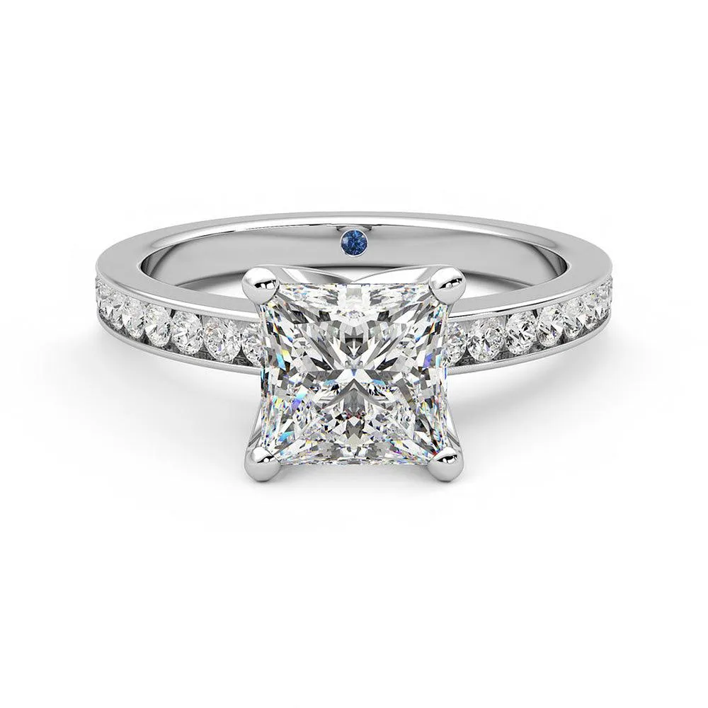 Princess Cut Moissanite Engagement Ring with Hidden Anniversary Stone and Channel Set Side Stones Dainty Form