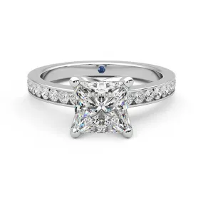 Princess Cut Moissanite Engagement Ring with Hidden Anniversary Stone and Channel Set Side Stones Beautiful Emblem