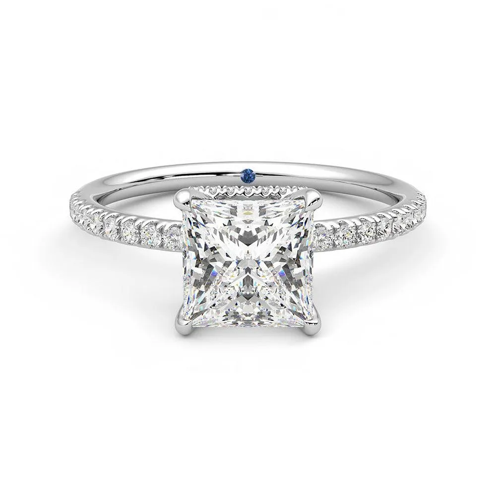 Princess Cut Moissanite Engagement Ring with Hidden Halo and Anniversary Stone Accent Secure Symbol Personal Symbol