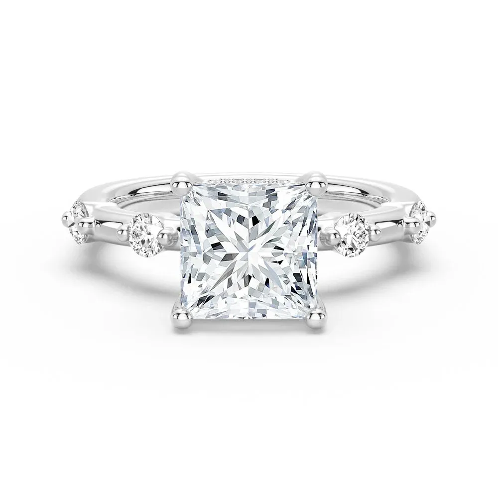 Statement Vibe Style Ready Princess Cut Moissanite Ring with Diamond Spaced Band and Hidden Halo