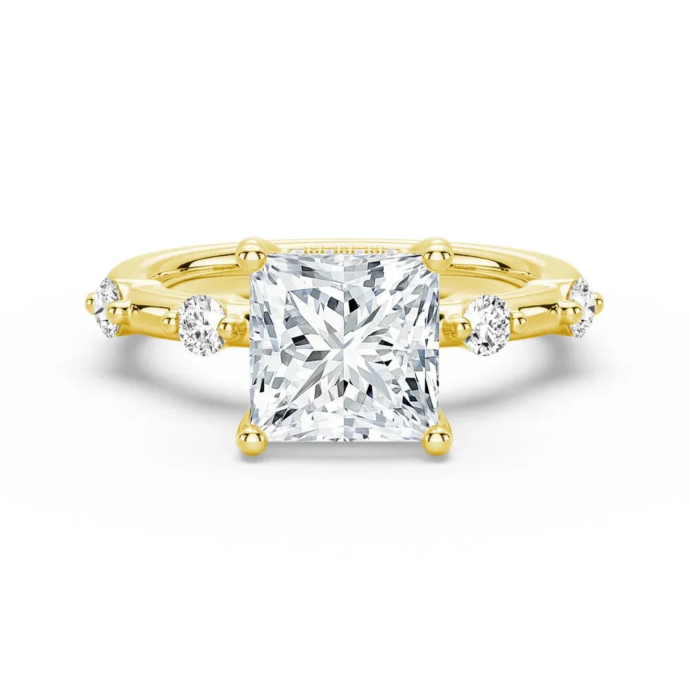 Romantic Moment Fresh Gift Princess Cut Moissanite Ring with Diamond Spaced Band and Hidden Halo