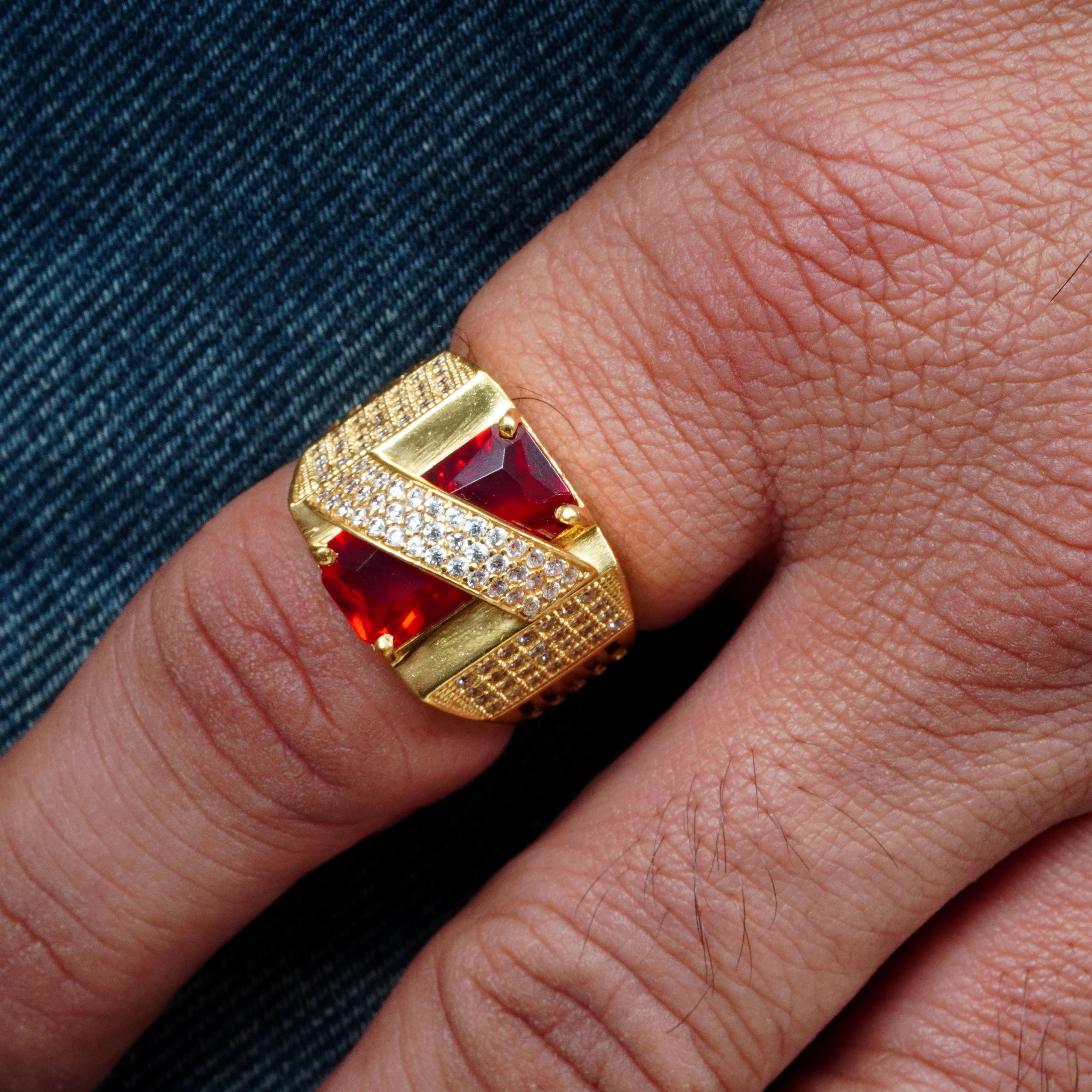 Amazing Embellishment Casual Harmony Freemen Across Red with AD Stone Golden Ring  - FMRI03