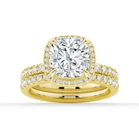 Unisex Appeal Cushion Cut Halo Moissanite Engagement Ring Set with Matching Wedding Band