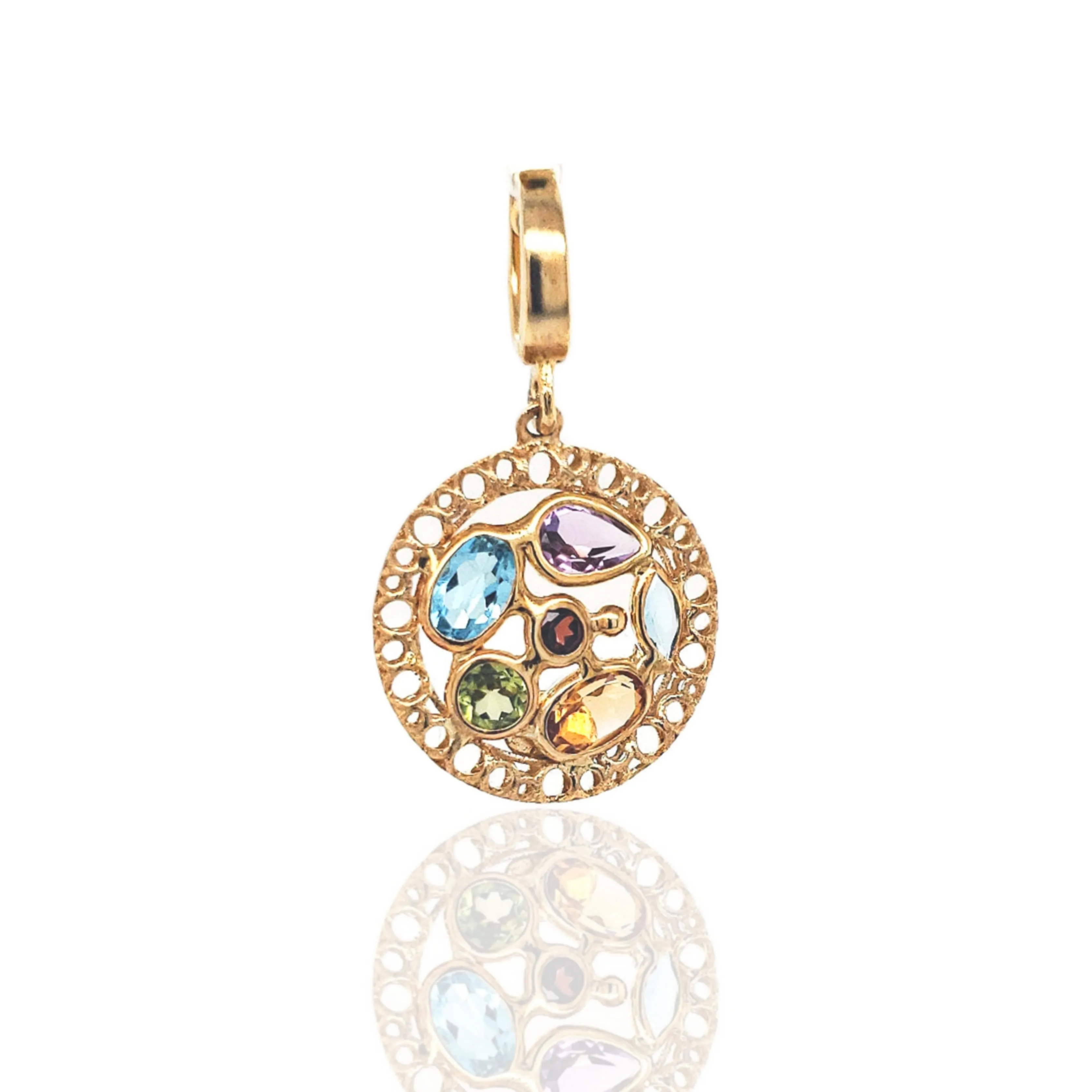 Unique Adornment Elegant adornment 14K Gold Circle Pendant Necklace with Colored Stones