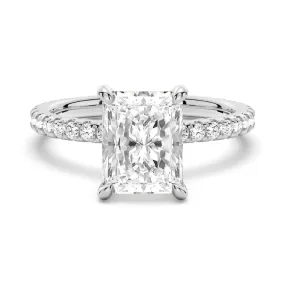 Radiant Cut Moissanite Engagement Ring With Eternity Pave Shank Contemporary Accent Subtle Mood