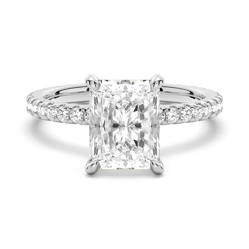 Radiant Cut Moissanite Engagement Ring With Eternity Pave Shank Event Ready