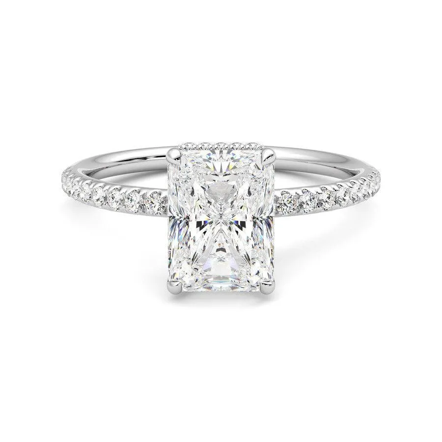 Radiant Cut Moissanite Engagement Ring with Hidden Halo and Anniversary Stone Accent Family Celebration