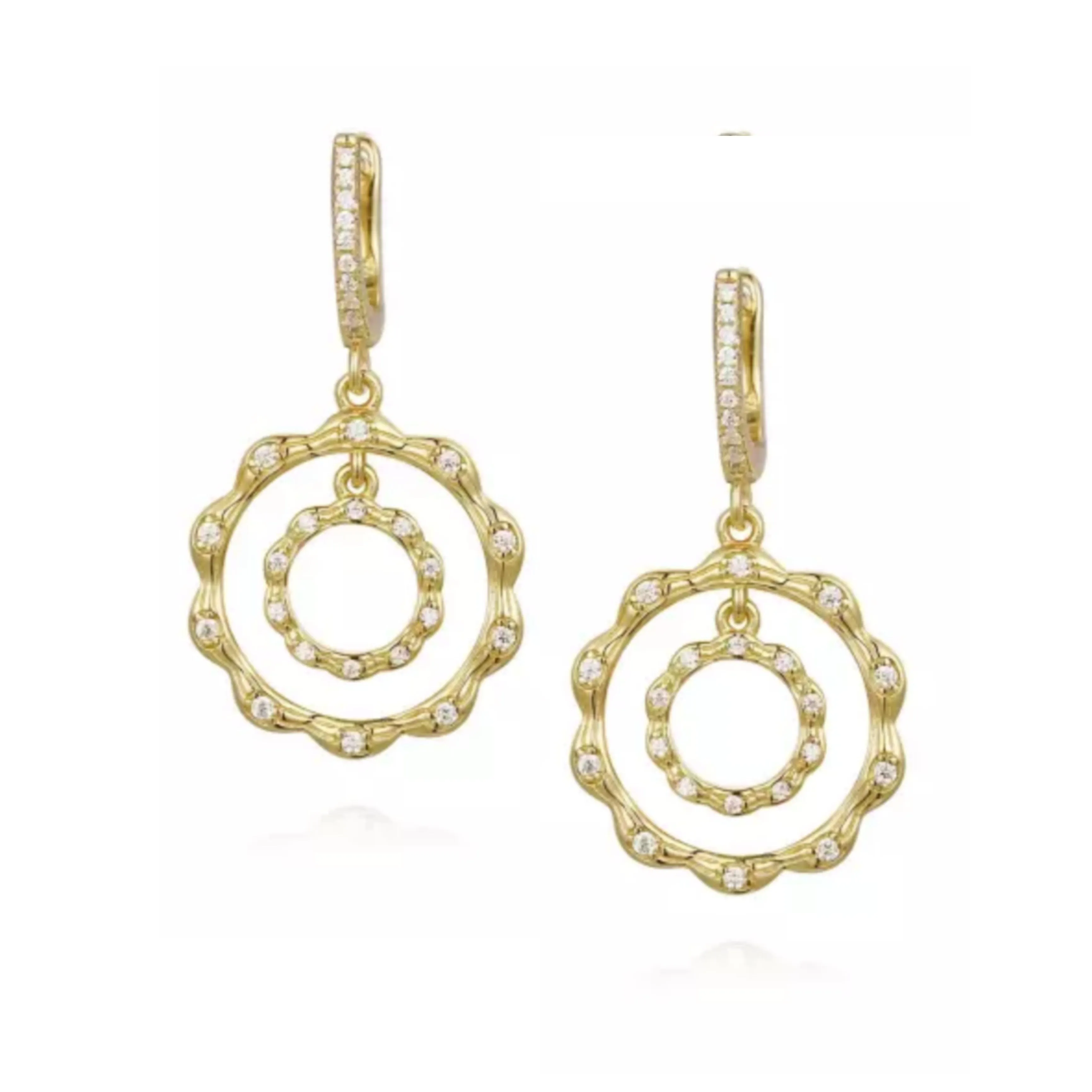 Gold Plated Sterling Silver Circle Within a Circle CZ Earrings Vintage Accessory