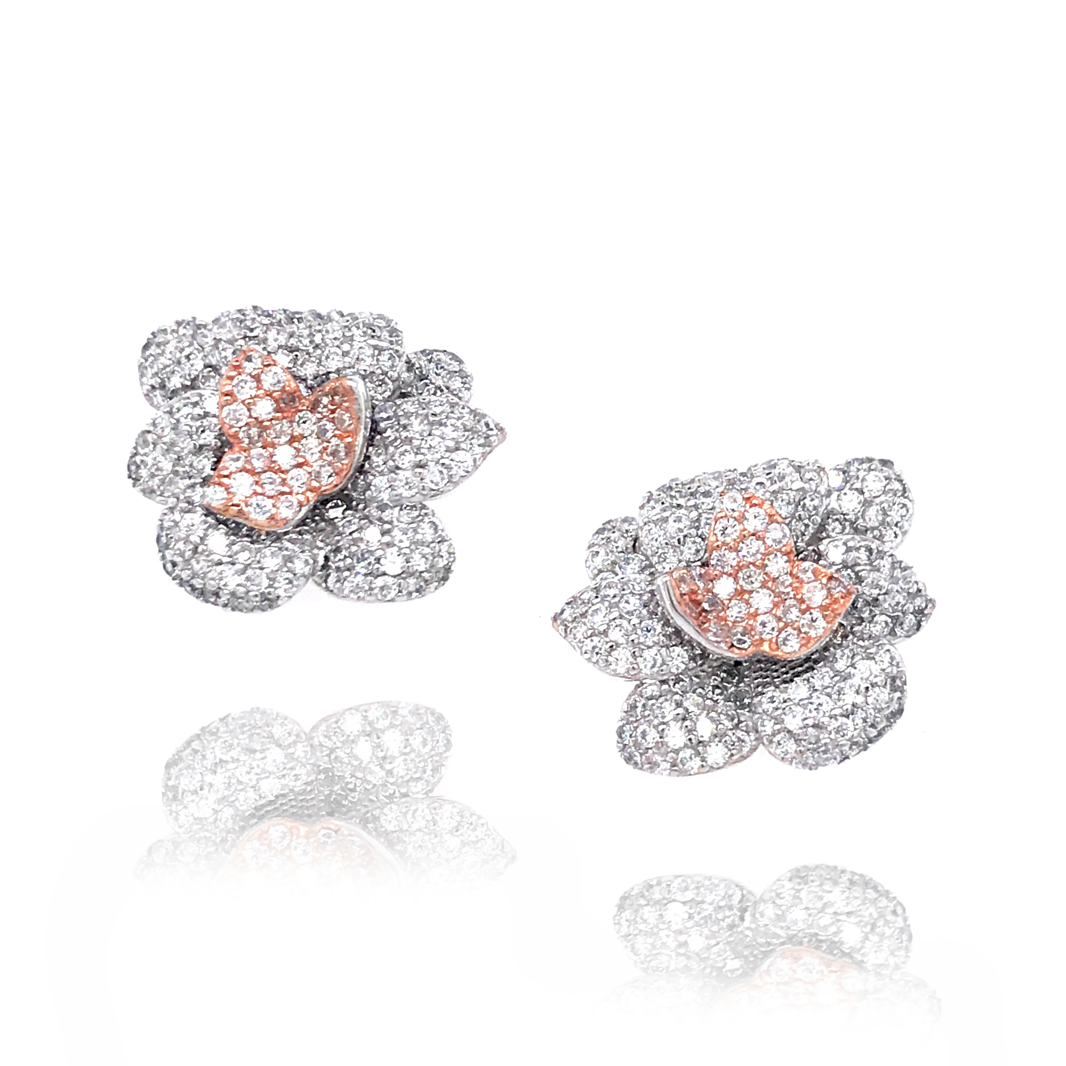 Sterling Silver Two Tone MicroPave Flower Stud Earrings Elegant Decor